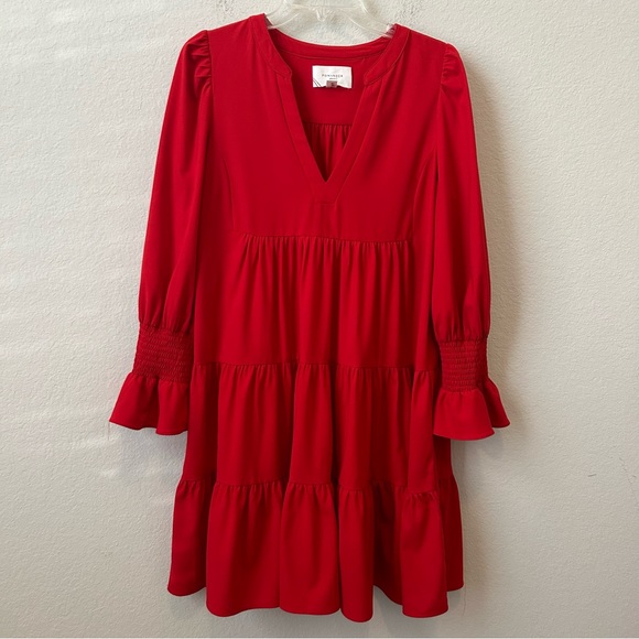 Tuckernot Pomander Place Red Crepe Kenzo Ruffle via-neck long sleeve Dress Sz L - Picture 5 of 16
